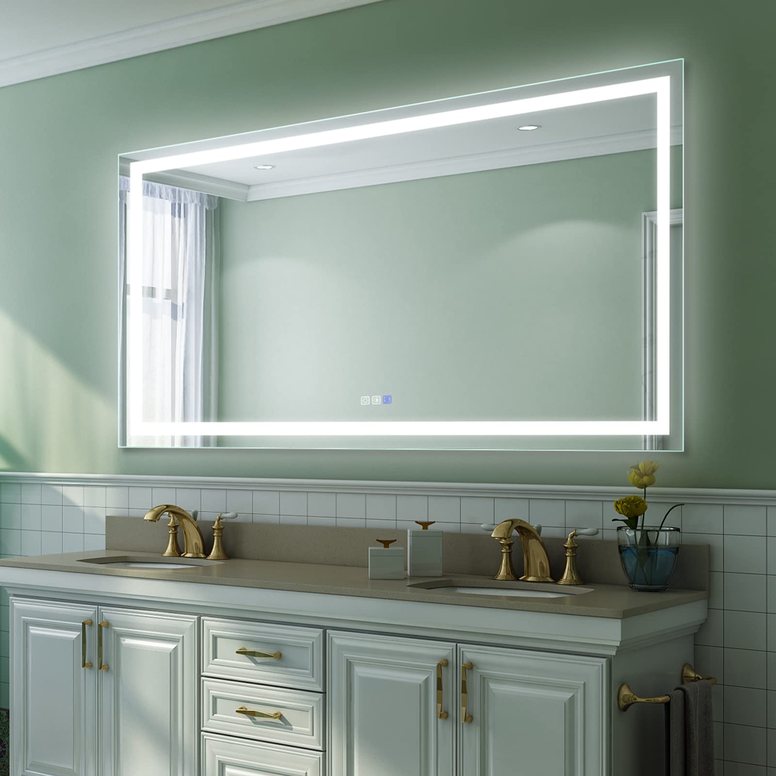 LED Bathroom Mirror 72 x 38 inch Anti Fog Time Thermometer Not Dimmable Color Temper 3000K-6400K 90 CRI