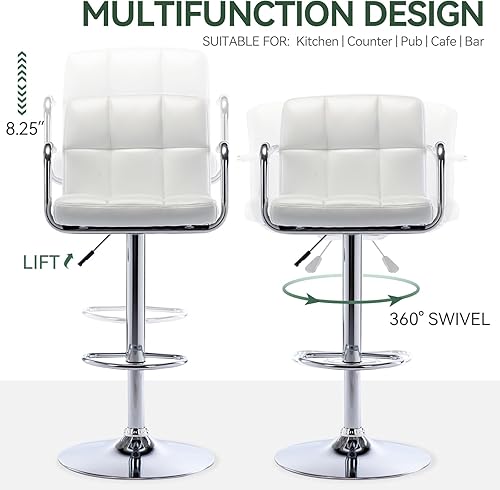 Miniatura 24 de Vogue Furniture Direct Moderno taburete de bar cuadrado de piel sintética, taburete de bar giratorio ajustable con respaldo y brazos, silla de