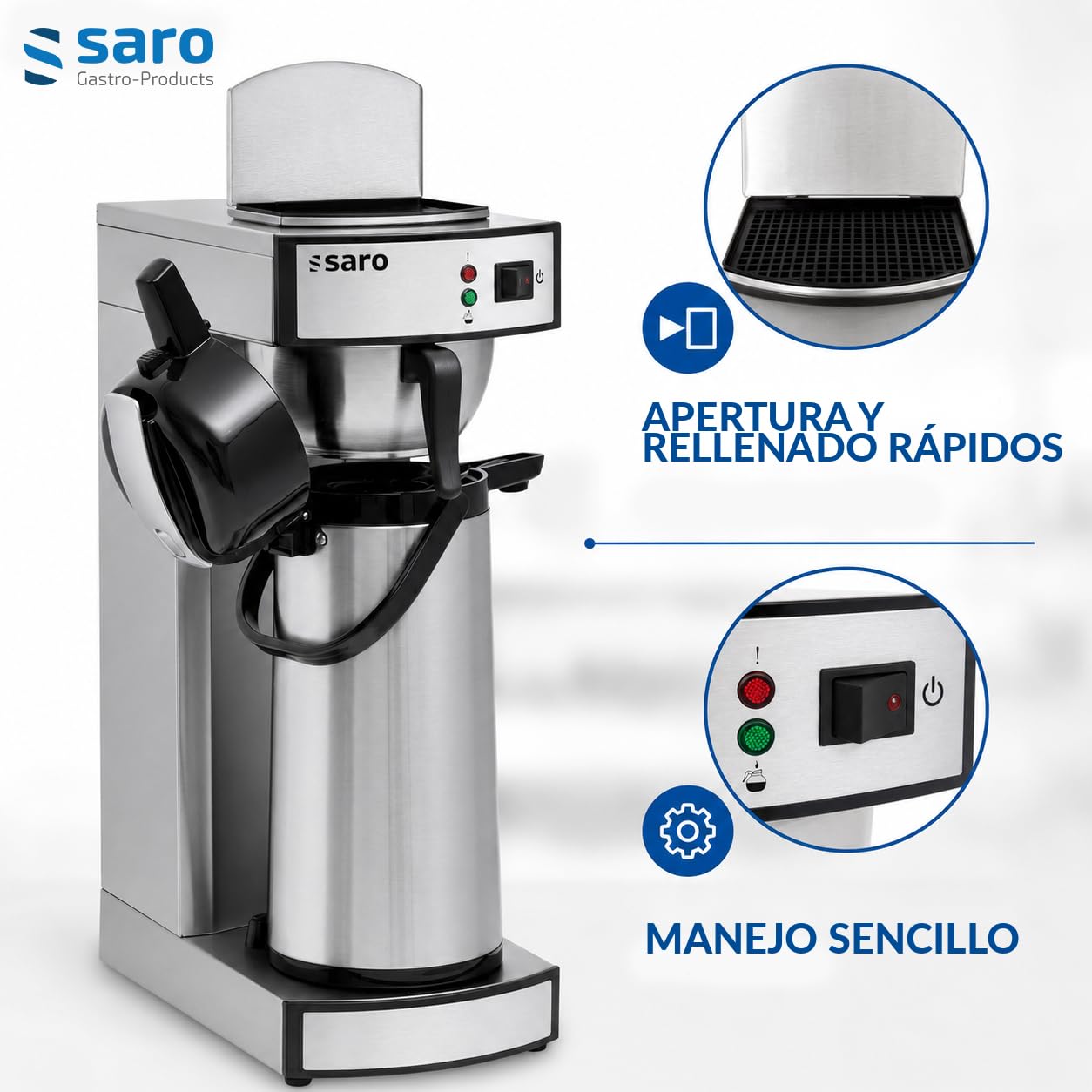SARO THERMO 24 Cafetera con termo con bomba de acero inoxidable, 2,2 l, infusión en aprox. 5-6 min, protección de funcionamiento en seco, 2,069 kW
