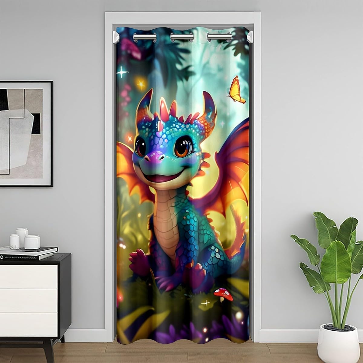 Cartoon Dragon Door Curtain for Kids Polka Dot Mushroom Doorway Curtain 42" Wx 80" L Western Dragon Darkening Blackout Curtain Fantasy Jungle Butterfly Doorway Curtain Tapestry for Hallway