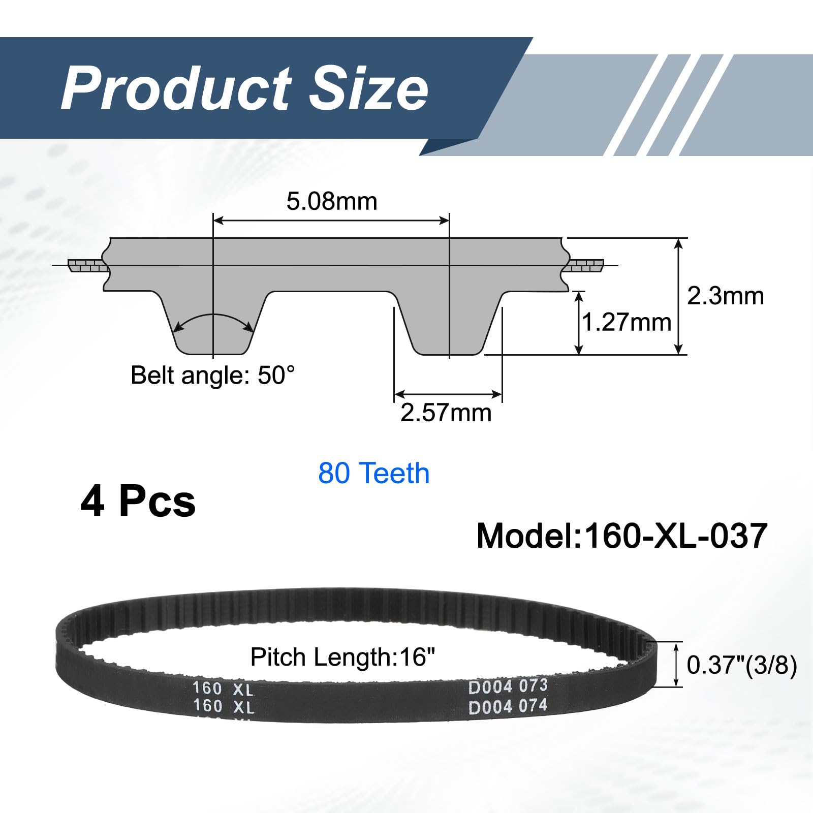 uxcell 4pcs 160XL 037 Timing Belt 80 Teeth Rubber Geared Cogged Belt, 0.37" Width, 0.20" Pitch Mechanical Replacement Belts — Amazon image 2