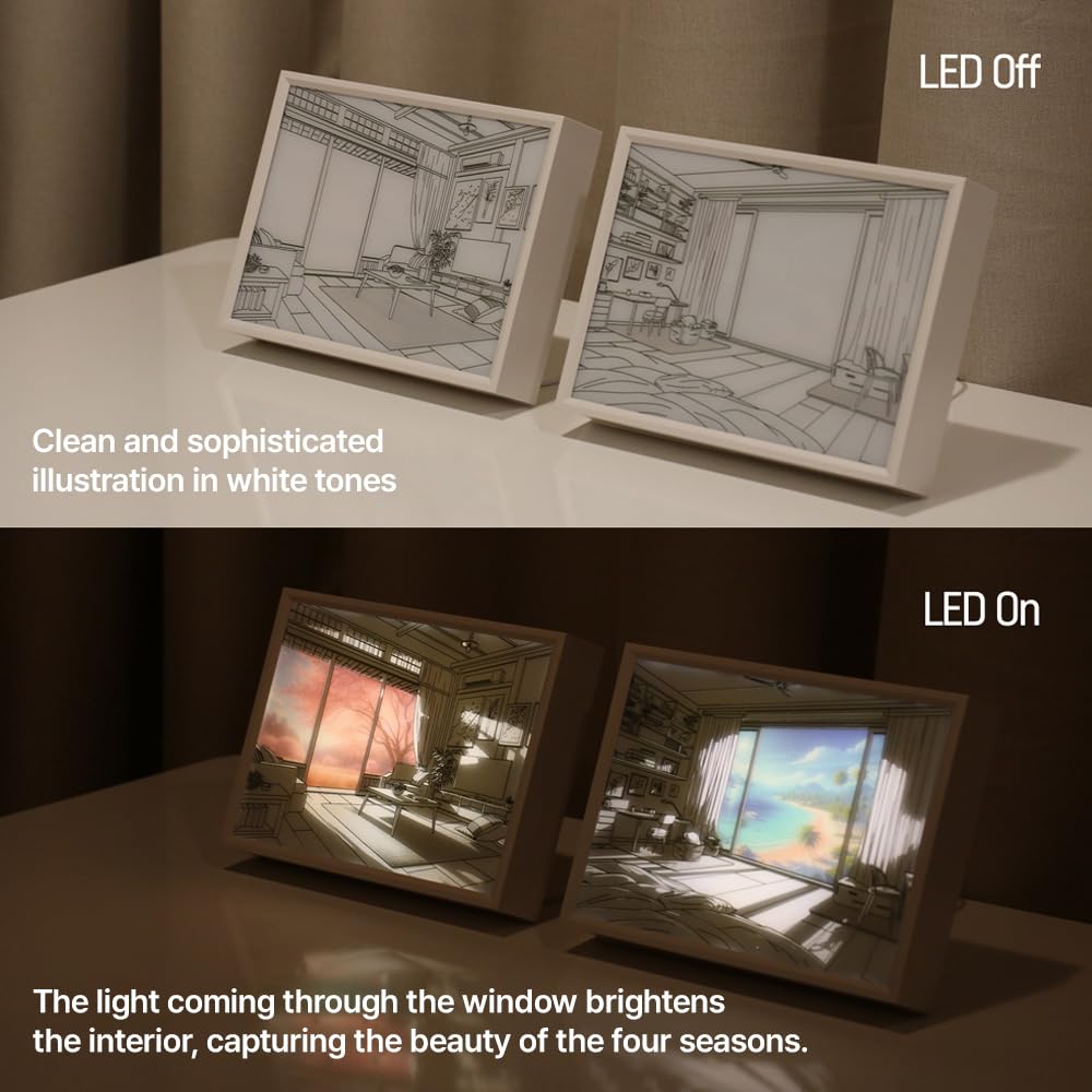 WOODMENT Liint - Marco de luz LED con ventana de temporada, arte acrílico, 3 modos de luz, alimentado por USB, decoración única del hogar para dormitorio, sala de estar, oficina, verano 4