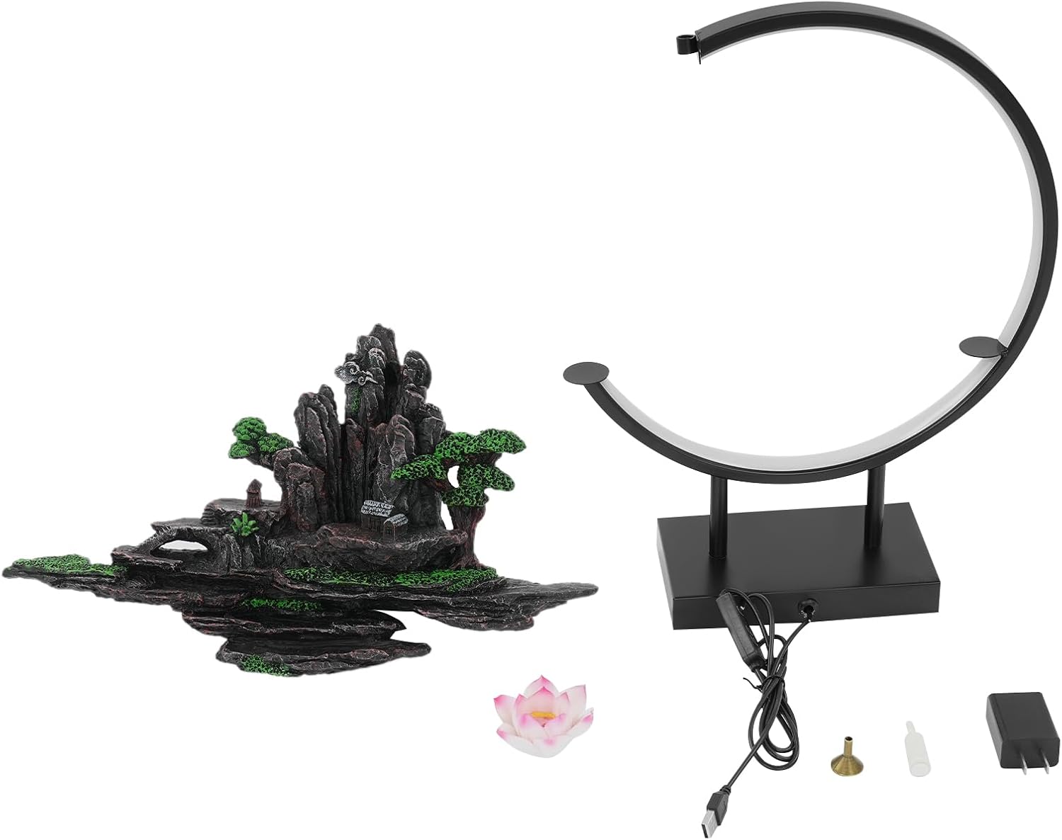 Backflow Incense Burner with Adjustable LED Light Rockery Landscape Resin Iron Base Home Desktop Decor for Meditation Office Living Room Zen Fountain Holder