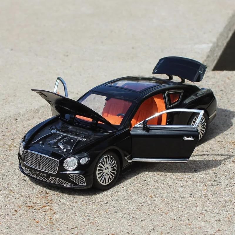 Image of Kids Model 1:24 Bentle Continental Die Cast Metal Car Pull Back Action Opening Doors with Realistic Engine Sound Lights Toy Car Gift for Boys - Black