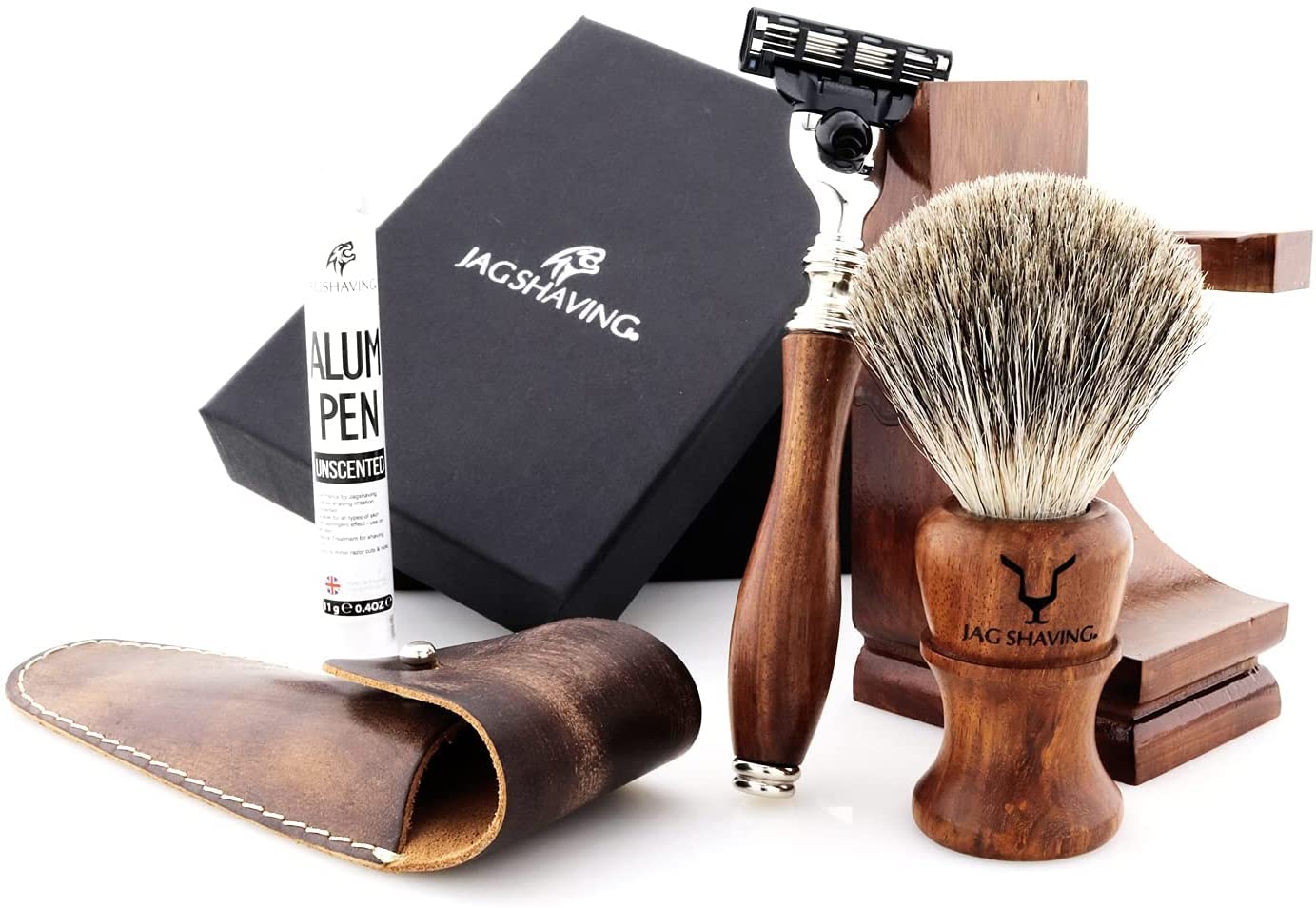 Jag Shaving Hombre Marrón Juego De Afeitado Sostenible De 4 Piezas De Madera – Super Dachshaar Brocha De Afeitar – 3 Cuchillas De Afeitar – Soporte De Afeitado – Funda De Piel Para Maquinilla De Afeitar