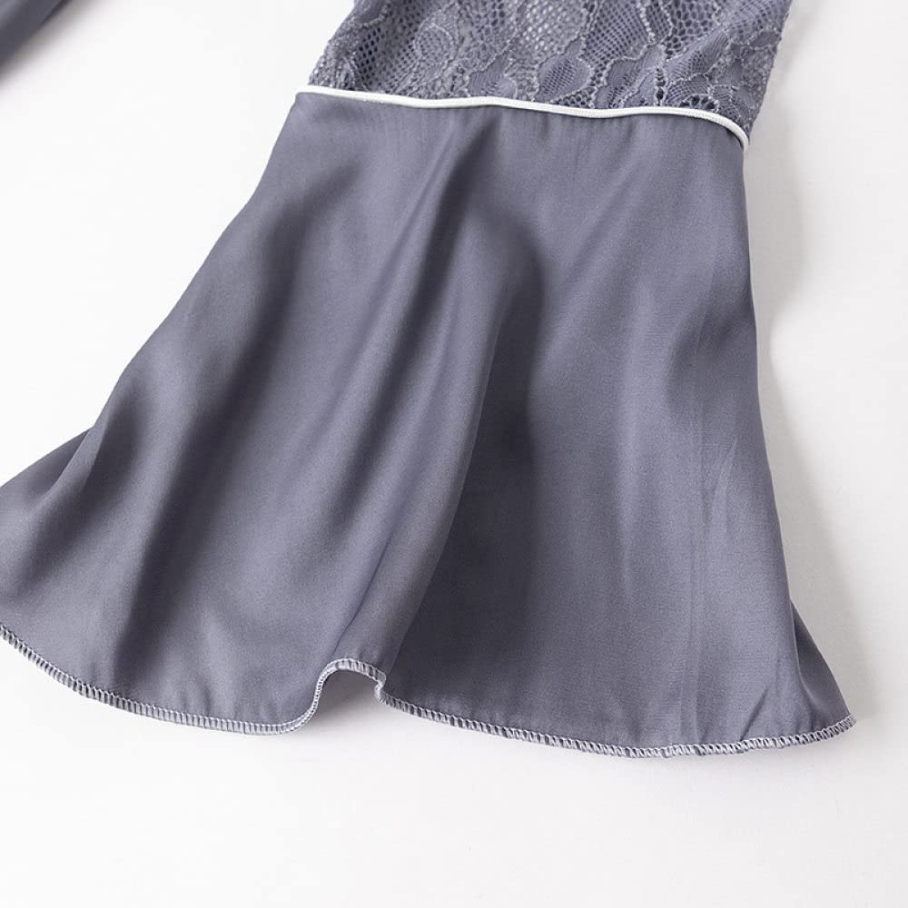 OZEO Pigiama Donna,Accappatoio Kimono Sexy in Raso Grigio Pizzo Vintage Manica Lunga Cava Vestaglia Leggera Scollo A V Abito con Lacci Elegante Vestaglia Sposa Bademantel Damen,M