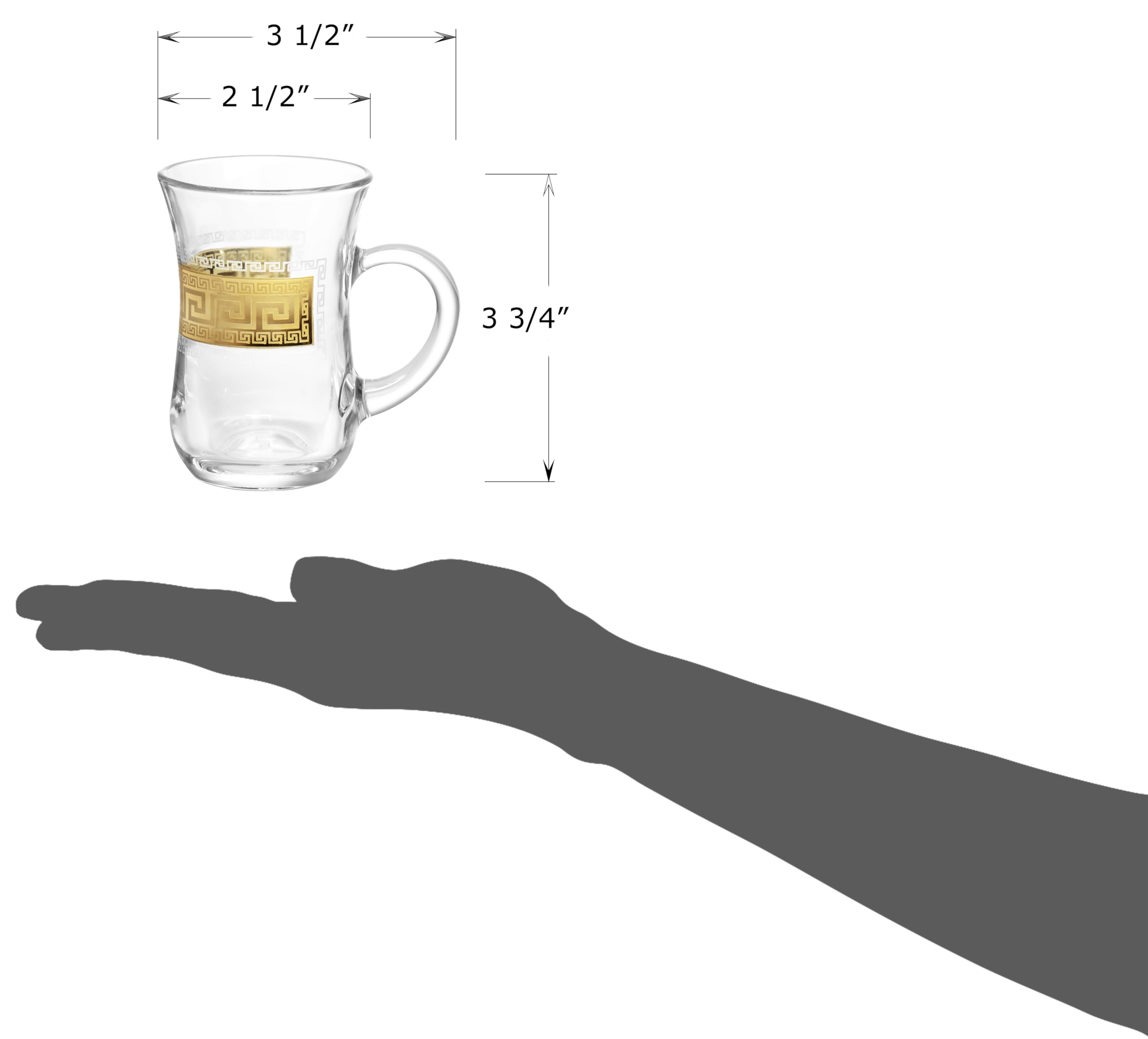 Red Co. Juego de 6 tazas de té turco decoradas de vidrio transparente de 5 onzas líquidas con patrón de llave griega dorada y mango
