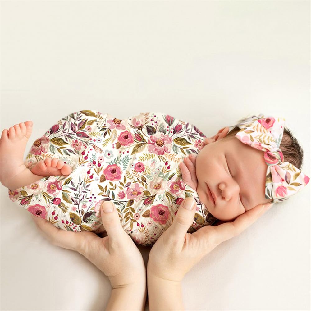 Baby Girl Swaddle Blanket & Headband Set - Purple Floral Print, Stretchy Knit, Newborn Photo Prop Gift