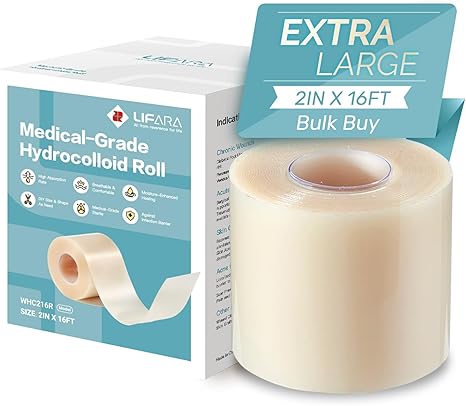 LIFARA Hydrocolloid Roll for Wound Care - Cut-to-Size, Extra Large Hydrocolloid Patch Bandages with Self-Adhesive, Ultra Absorbent, Flexible & Waterproof, First Aid Kit Essential (2in*16ft)