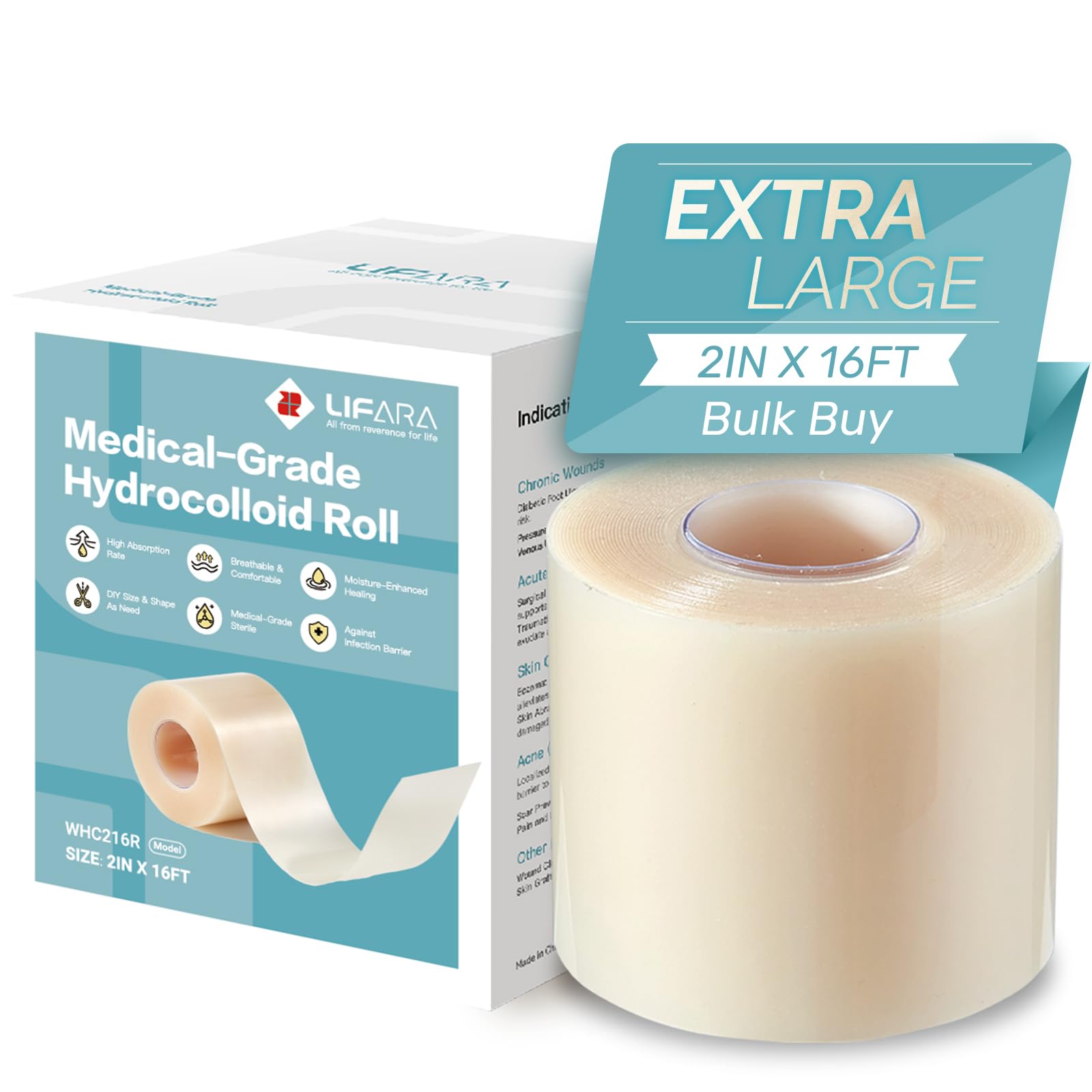 LIFARA Hydrocolloid Roll for Wound Care - Cut-to-Size, Extra Large Hydrocolloid Patch Bandages with Self-Adhesive, Ultra Absorbent, Flexible & Waterproof, First Aid Kit Essential (2in*16ft)