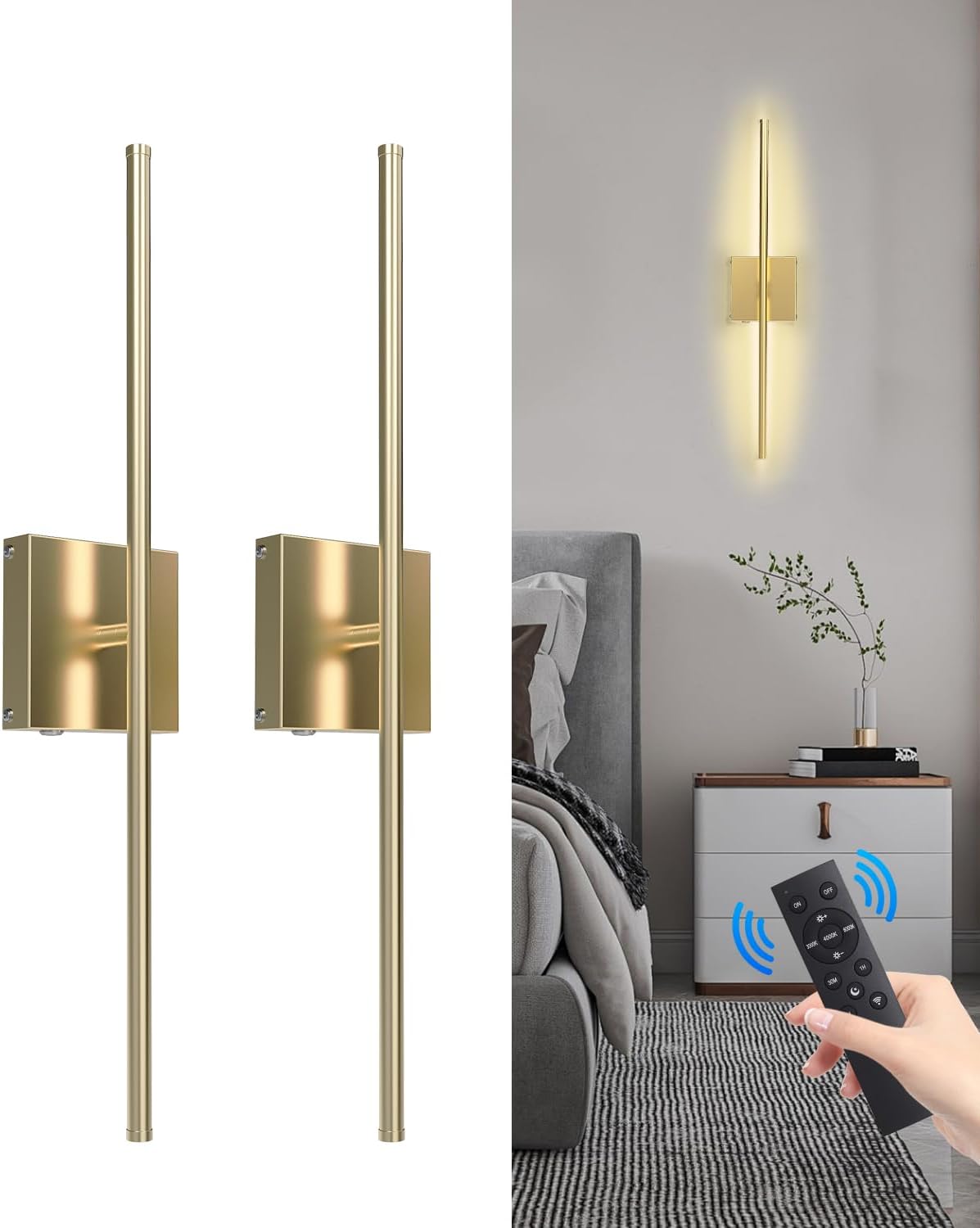 Battery Operated Wall Sconce with Remote Control,Wall Sconces Set of Two,3000K-6500K LED Wireless Wall Light for Bedroom, Hallway, Background Wall, 350°Rotate,26.6 Inch, Gold(2 Pack)
