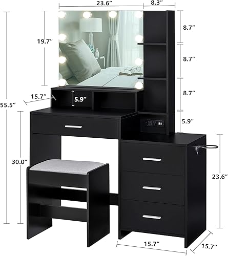 Miniatura 5 de usikey Juego de tocador grande con espejo iluminado y estación de carga, tocador de maquillaje con 4 estantes de almacenamiento y 4 cajones,