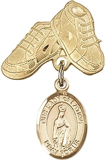 Gold Filled Baby Badge with Our Lady of Fatima Charm and Baby Boots Pin 1 X 5/8 inches
