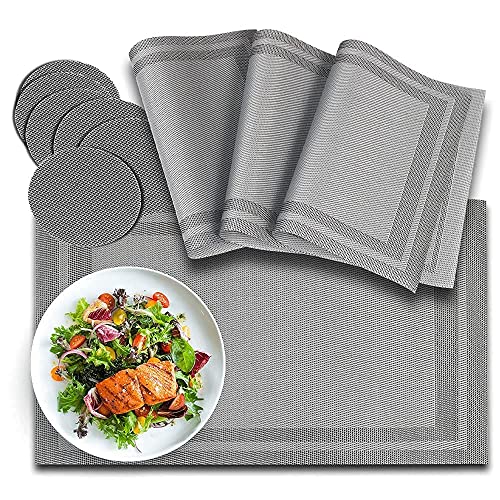 Placemats and Coasters Set of 6 - Non-Slip PVC Table Placemats for Dining Table, Washable & Durable - 45CM x 30CM, Grey, Heat & Stain Resistant, Easy to Clean, for Home and Restaurants