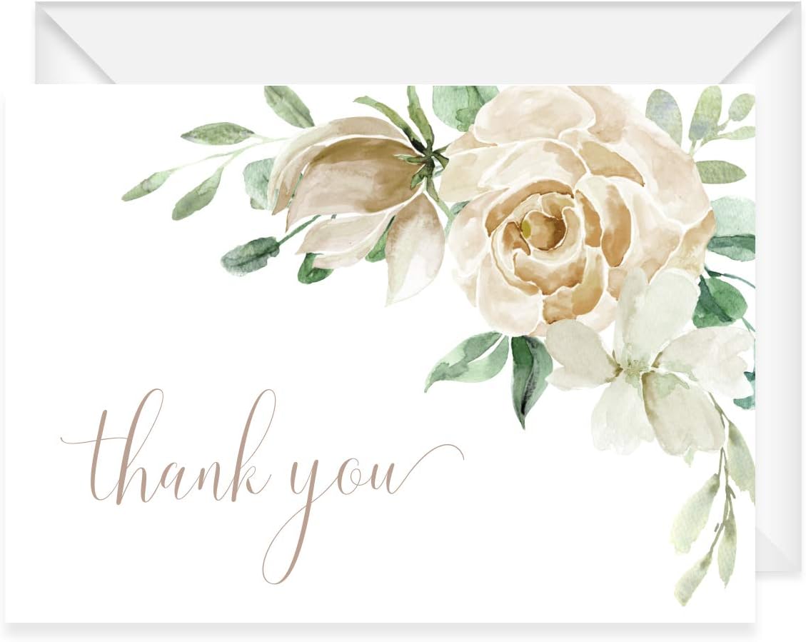 Canopy Street Cream Floral Thank You Notes / 24 Cards With White Envelopes Set/Elegant Watercolor Thanks Gratitude Card Designs / 3 1/2" x 4 7/8" Appreciation Note Cards
