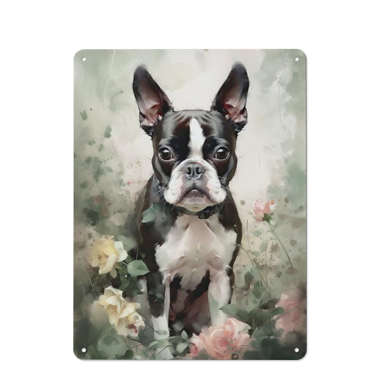 Retro Boston Terrier Flowers Metal Sign 40x30cm, Classic Pub Decor for Cafe, Pub, Workshop Or Home Bar, for Casual British Interiors