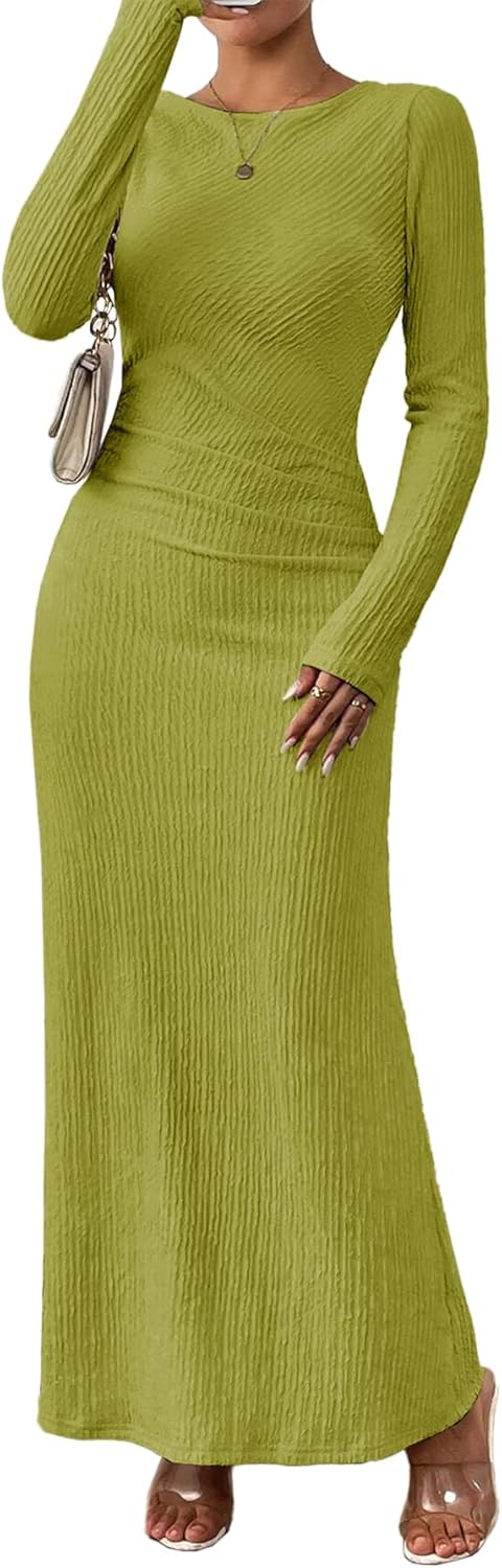 MITILLY Fall Dress for Women 2025 Long Sleeve Maxi Dress Formal Crew Neck Bodycon Ruched Cocktail Party Dresses
