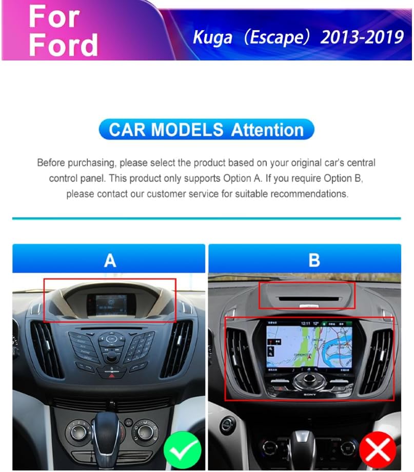 Diagram showing two types of Ford Kuga Escape central control panels, labeled A and B, indicating compatibility with type A.