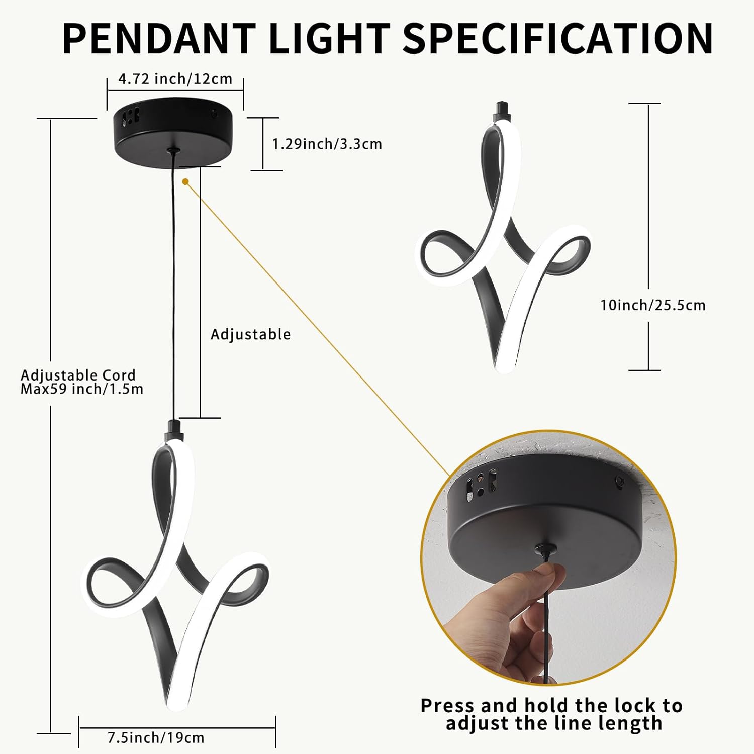 Modern Led Pendant Light 5500K Cold White Kitchen Island Pendant Light Fixtures Adjustable Height Led Pendant Lamp for Kitchen Island Dining Room Hanging Light, 1 Pack (Black)