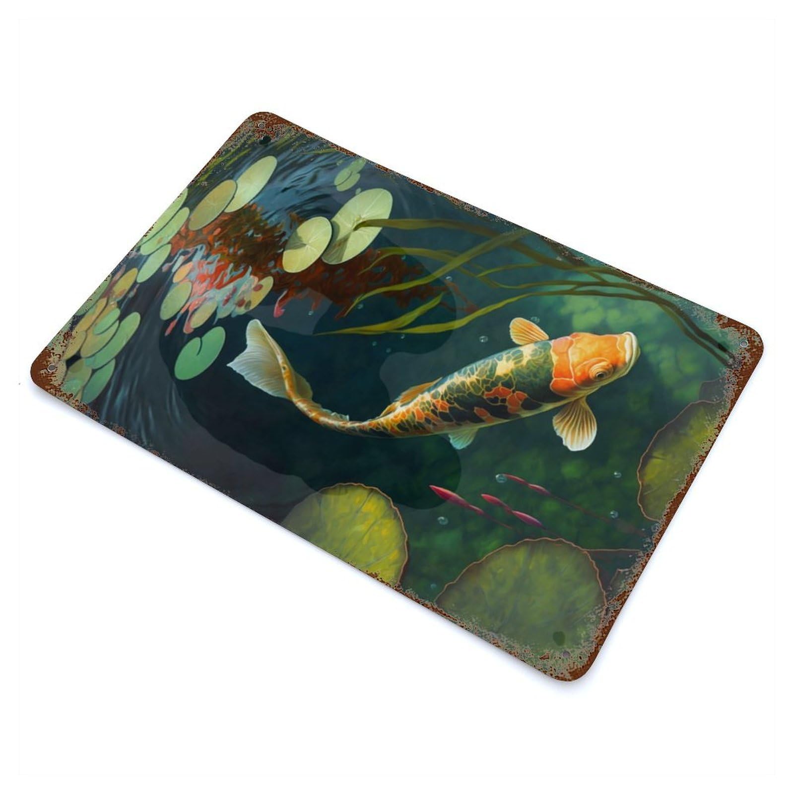 Rusty Metal Tin Sign Koi Fish Swimming in Pond 11.8"x7.9", Classic Wall Plaque for Cafe, Home Bar And Lounge Decor