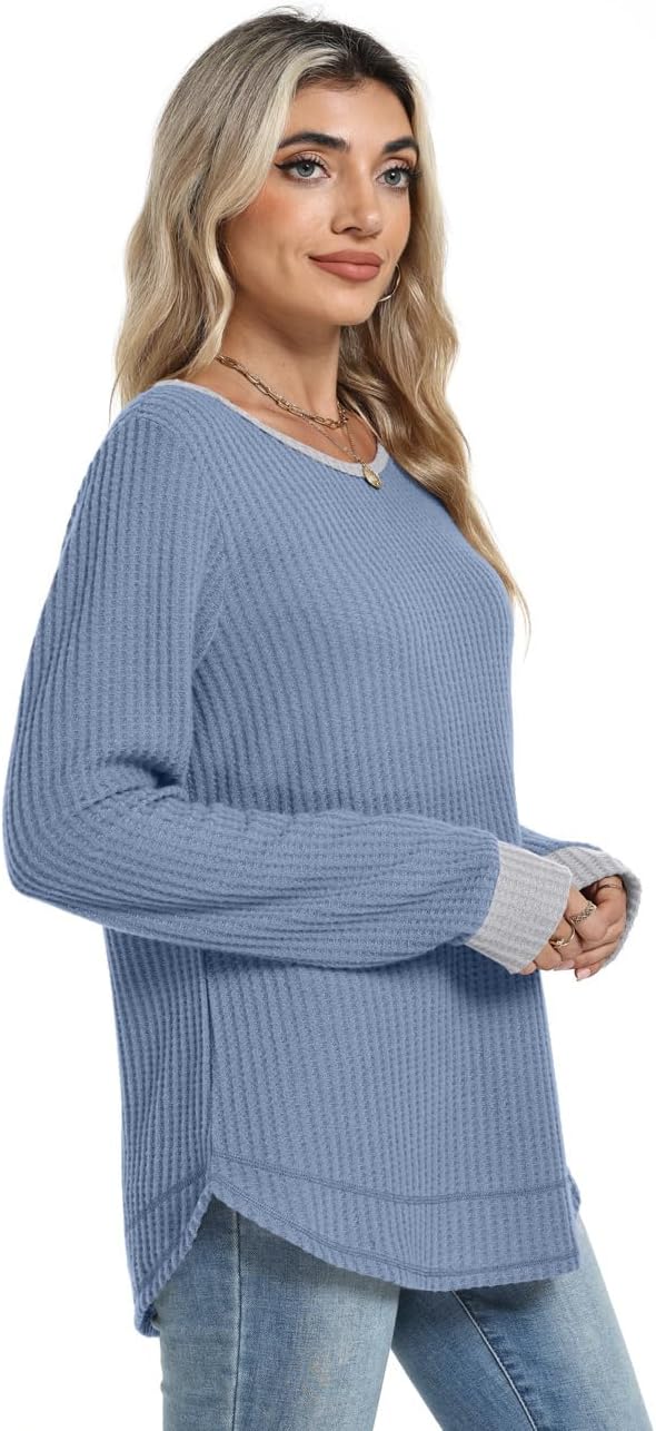 WIHOLL Tunic Tops for Women Loose Fit Dressy Waffle Knit Long Sleeve Shirts Trendy Fall Fashion Crewneck Sweaters Curved Hem
