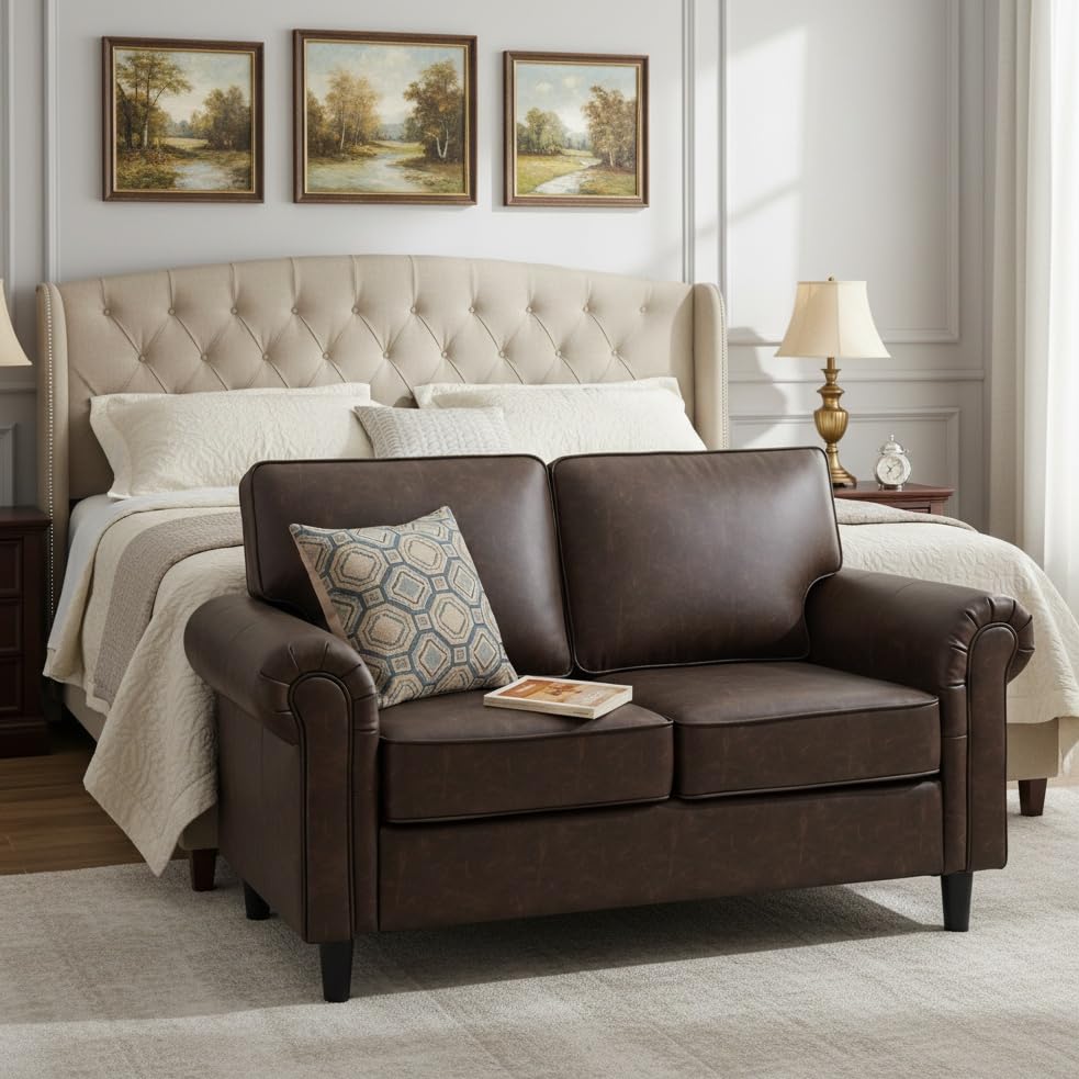 Image of Kingfun Loveseat 2 Seater Couch, Mid Century Modern Faux Leather Sofa with Rolled Arms and Deep Seats, Fluffy Comfort for Living Room, Apartment, Easy Assembly, Cocoa