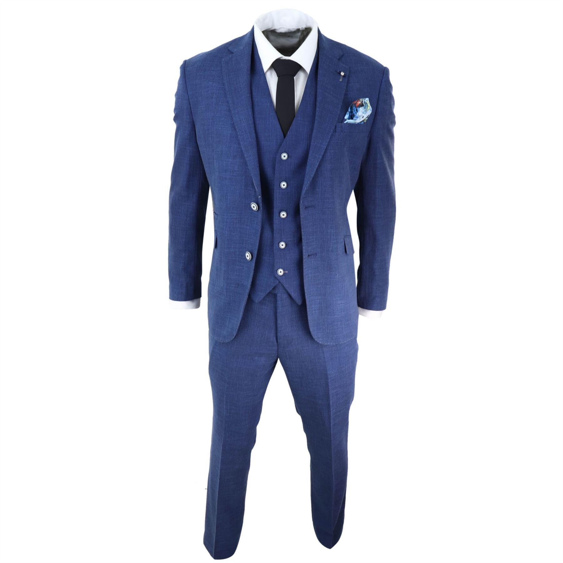 Mens 3 Piece Suit Blue Summer Linen Tailored Fit Wedding Prom Classic - Blue 48