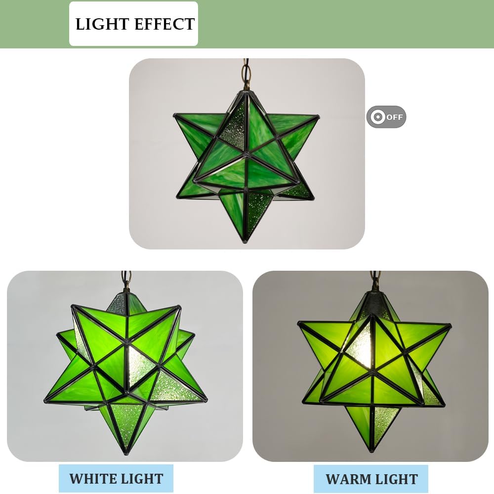 Moravian Star Pendant Light Fixture, Stained Glass Hanging Light, Vintage Tiffany Style Chandeliers for Foyer Kitchen Hallway Green Finish