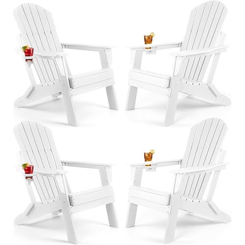 FUNBERRY Folding Adirondack Chair Set of 4, Fire Pit Chairs, Plastic Adirondack Chairs Weather Resistant with Cup Holder, Composite Adirondack Chairs, White