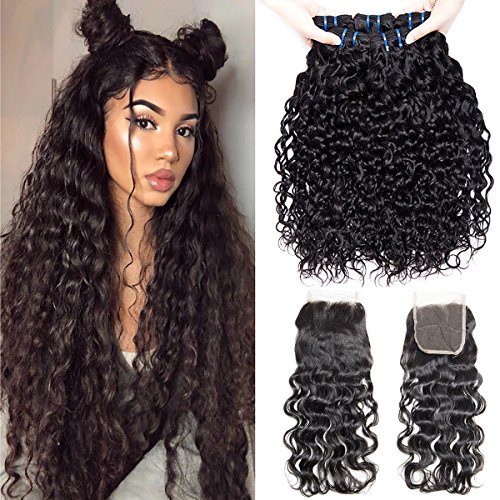 VIPbeauty Water Wave IndianHuman Hair Weave with a Closure 12 14 16+10 Free Part Lace Closure with Baby Hair