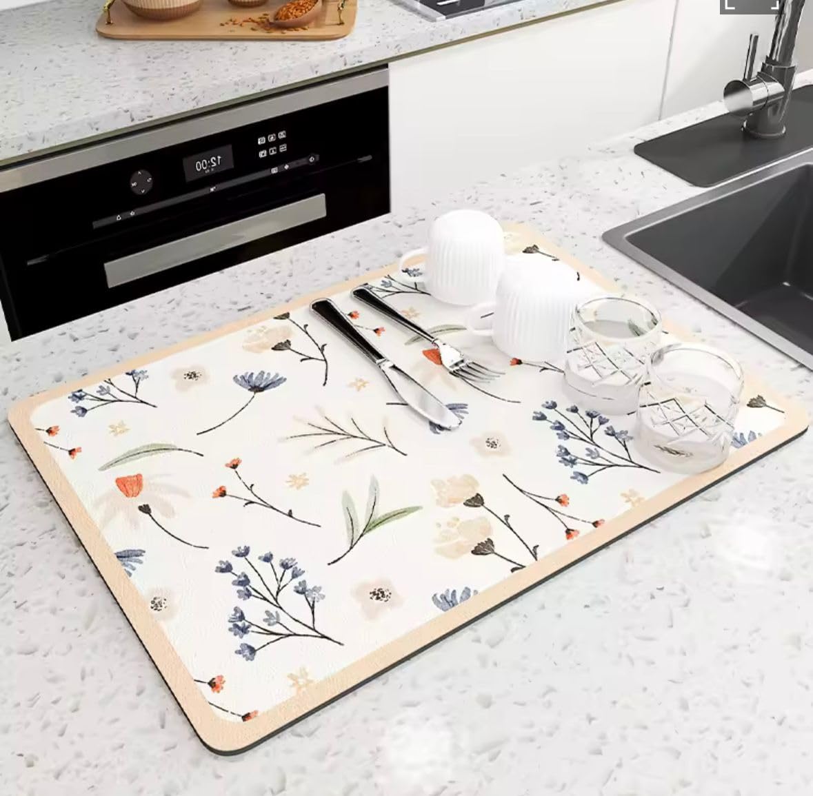 HomeCloud Dish Drying Mat for Kitchen Counter – Super Absorbent, Non-Slip & Heat-Resistant – Quick Dry Rack Pad for Dishes, Utensils, Coffee Maker – Stain-Hiding Design (Camellia_Beige, 40x50cm)-image-2