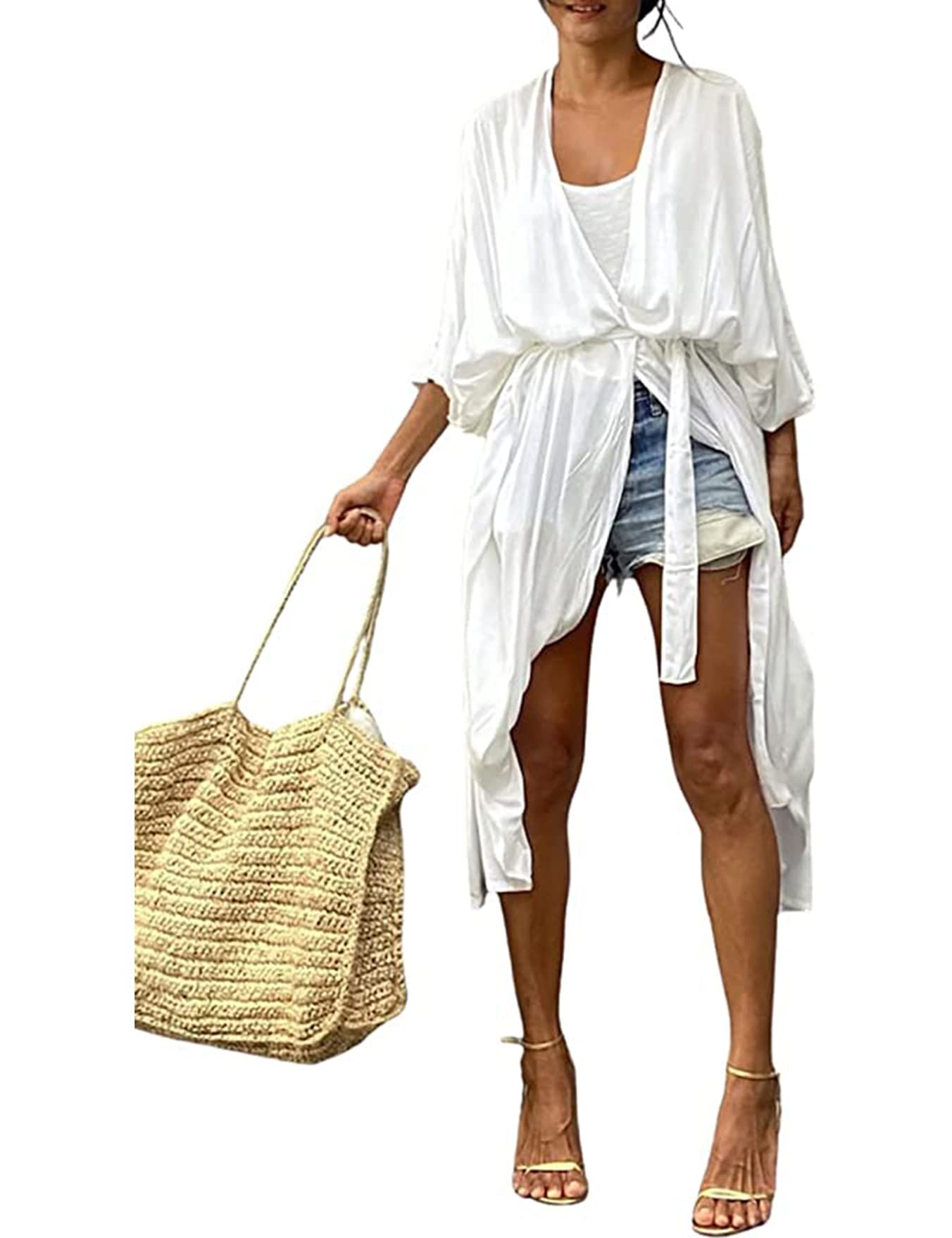 HYUET Mujer Kaftan Vestido de Playa Tie Dye Algodón Cárdigan Maxi Kimono Pareos y Camisola Camisas Playa Bohemia Boho Suelto Verano Traje de Baño Bikini Cover Up Talla Grande Elegante
