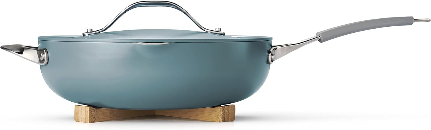 Tramontina All-in-One Plus Pan Set, 5-Quart Ceramic Non Stick Cooking Pan with Lid, Steamer Insert, Bamboo Utensil and Trivet, Blue ‼️missing accessories ‼️