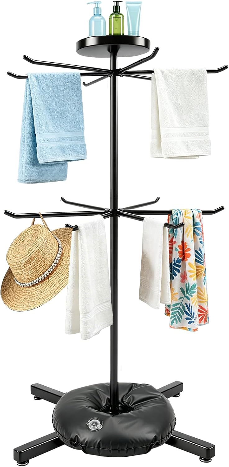 65 inch Pool Towel Rack Outdoor, 12 Bars Metal Heavy Duty Towel Rack for Pool, Outdoor Pool Accessories with Metal Base & Storage Tray, Hot Tub Accessories for Beach, Hot Tub, Spa, Pool