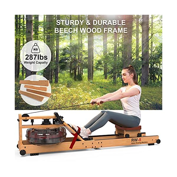 RW8 Plus Foldable Wood Water Rowing Machine with APP, Rowing Machine Water Resistance for Home Use with LCD Monitor, Wood Indoor Rower, Soft Seat