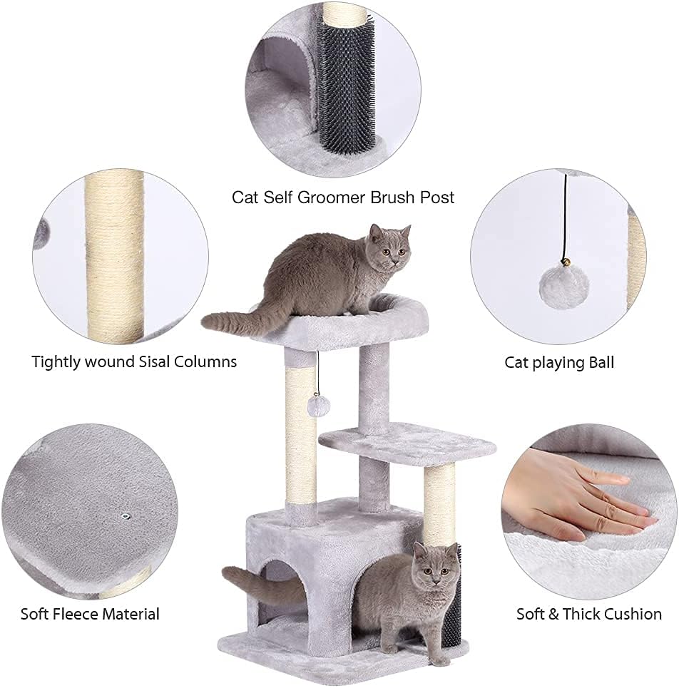 GIOPACO Cat Tree Small Cat Tower With Self Groomer Brush Post, Kitten Activity Centre with 2 Sisal Cat Scratching Posts/Condo/Padded Plush Perches/Swinging Ball, for Kittens Cats : Pet Supplies