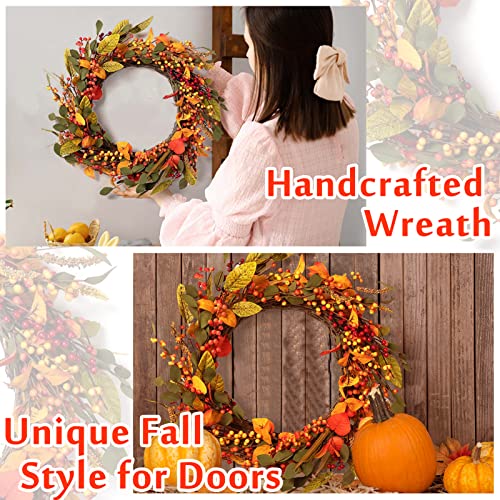 Lohasbee Artificial Fall Harvest Wreath, 22 Inch Autumn Wreath With Leaves And Berries For Front Door Or Indoor Wall Thanksgiving & Fall Season Hanging Wall Decor #TOP4