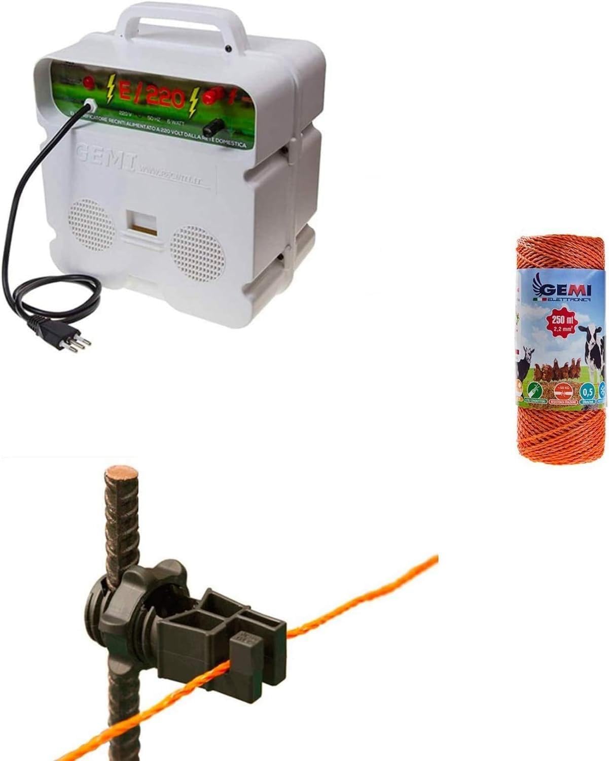 Recinto elettrico Kit per Uso professionale con 1 x Elettrificatore 220V + Filo 250 MT 2.2 Mm² + 100 isolatori per pali in ferro - Recinzione Elettrificata per pecore galline mucche maiali volpi