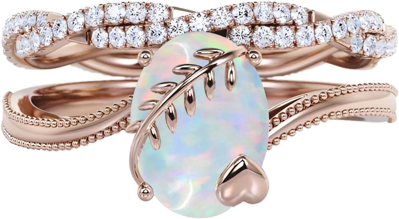 2Carats Oval Cut Engagement Rings Set for Women Silver 10K 14K 18K Gold Leaf Gemstone Unique Promise Wedding Anniversary Ring Set with Delicate Gift Box Size