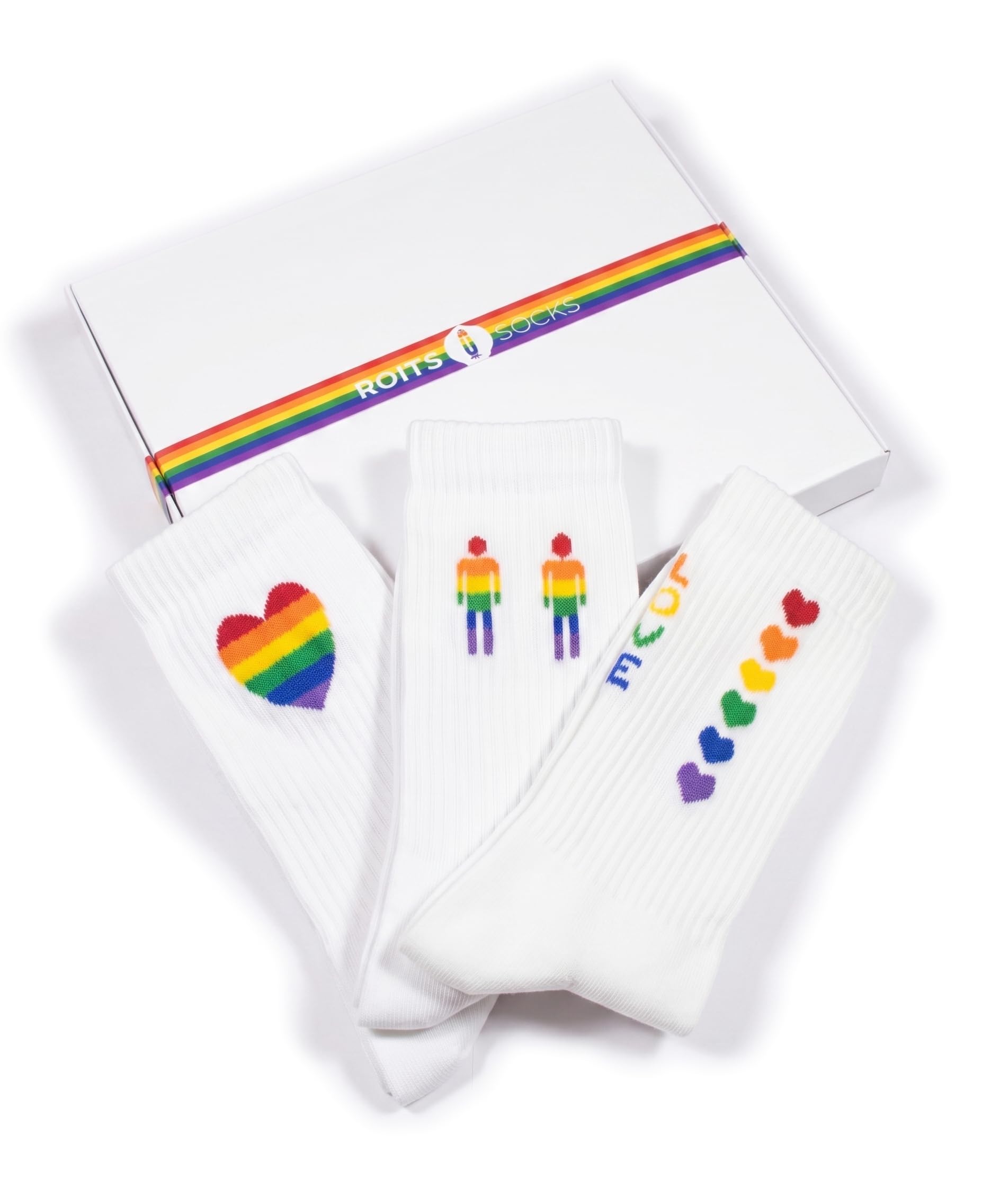 Lot de 3 Chaussettes Pride en Coffret Cadeau - Chaussettes de Sport Blanches Coton Unisexe avec Motifs Arc-en-ciel LGBTQ+ - Accessoires Marche des Fiertés Homme et Femme - Fabriqué en Espagne