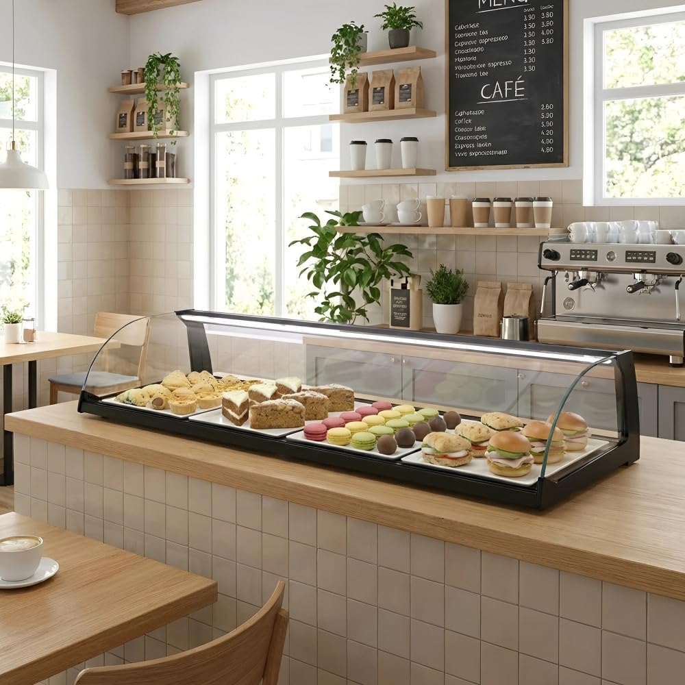MBH - Neutrale Aufsatzvitrine 84 cm, gebogenes ESG-Sicherheitsglas, 1 Etage, mit LED-Beleuchtung, mit rückseitigen Schiebetüren, für Bar, Café, Restaurant, Gebäck und Konditorei.