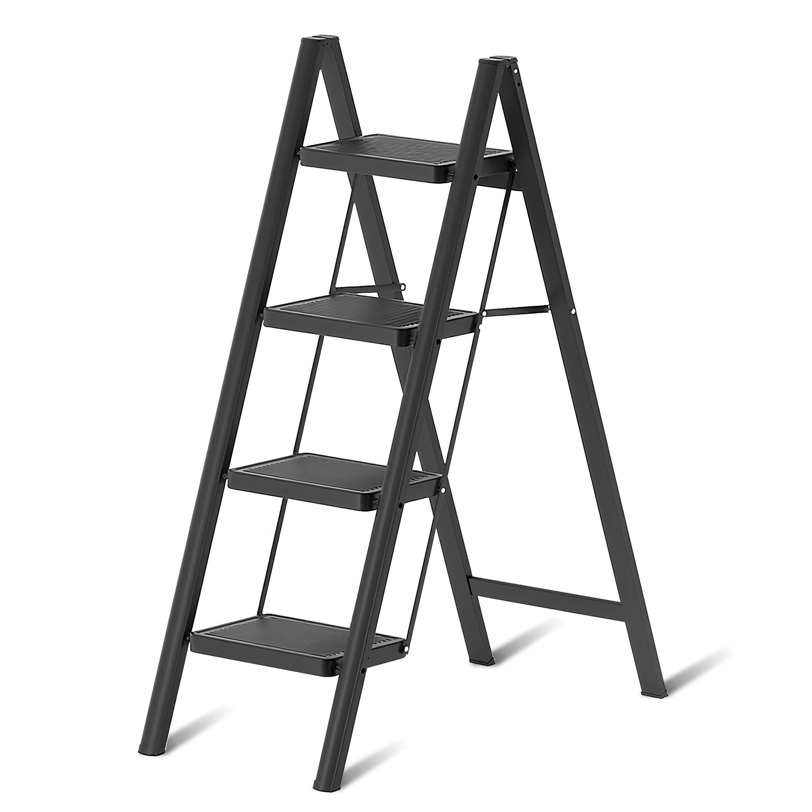 EOXCIIU 4 Step Ladder, Folding 4 Step Ladder Lightweight, Wide Steps, Portable and Load Capacity-150kg, Step Distance-24cm, Iron, Black