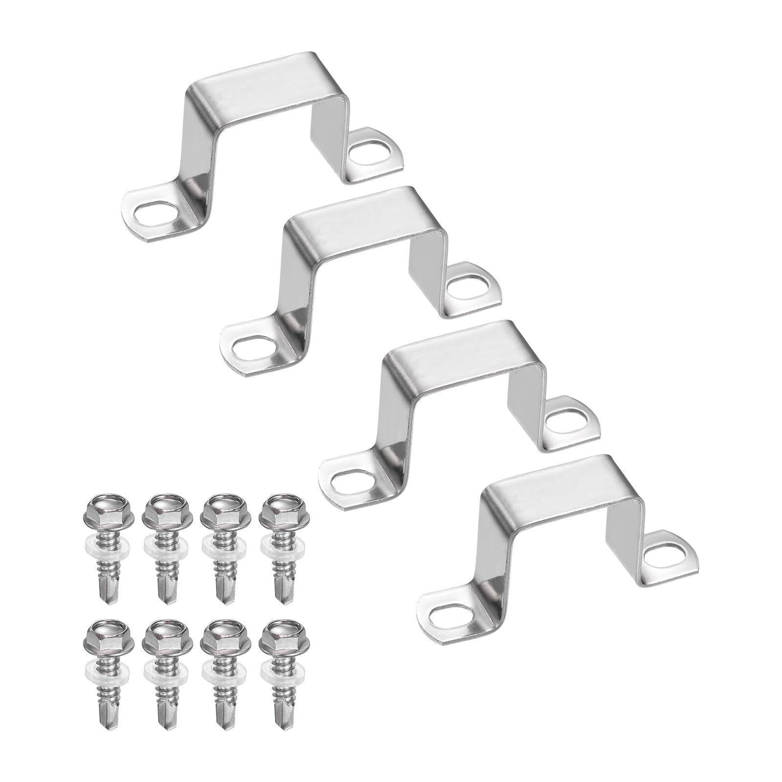 sourcing map 4set U Shaped Connector Bracket 35x35mm 304 Stainless Steel Square Pipe Clamp with Self Tapping Screw Square Tube Buckle for Pipe Hose Cable Automotive Parts, Silver