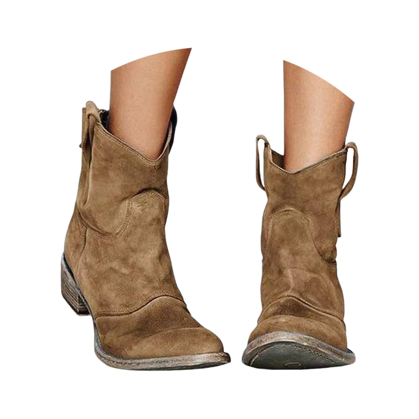 Cowboy Boots For Women Suede Low Chunky Heel Round Toe Short Booties Slip On Slouchy Fashion Retro Back