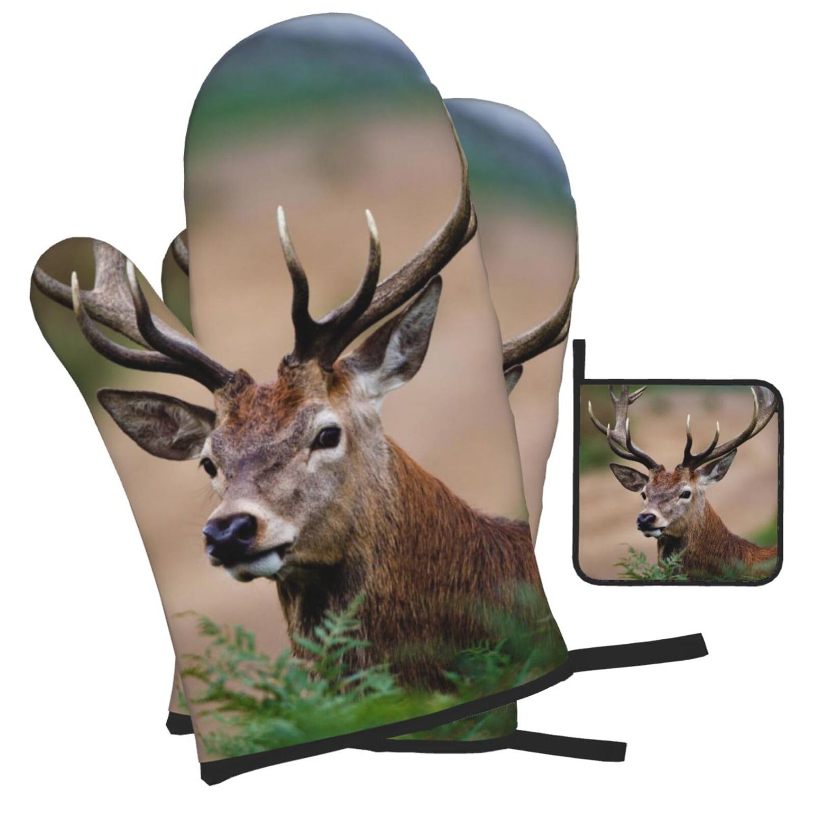 Whitetail Deer Fawn in Wilderness Stag Printed Oven Mitts and Pot Holders Heat Resistant Set of 3 Pcs, Modern Kitchen Gloves & Potholders for Cooking Baking Grilling