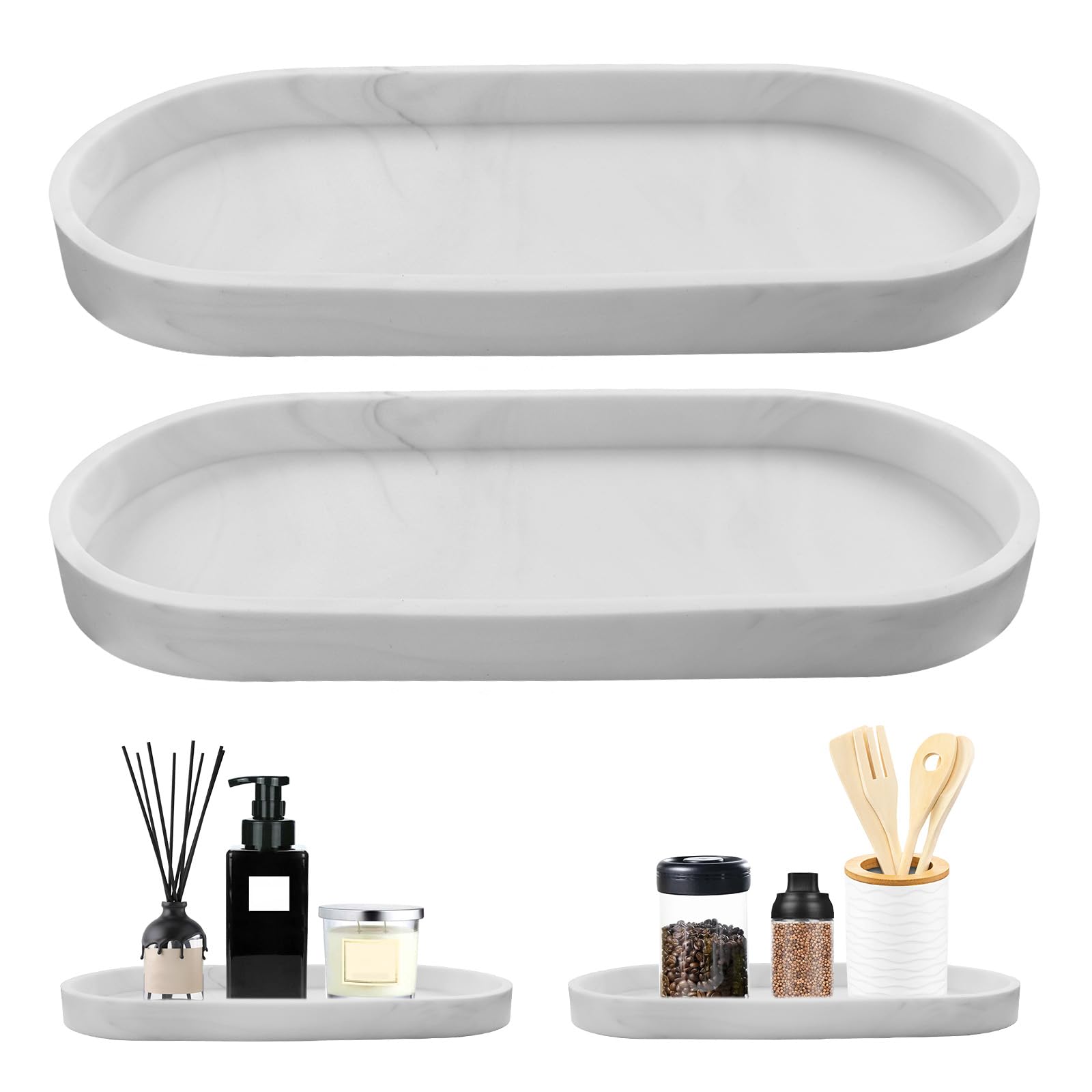 MOLENCO 2 Pcs Bathroom Tray, Marble Pattern Silicone Vanity Tray, Oval Decorative Bathroom Vanity Trays, Bathroom Trays Shatterproof for Perfume, Bedroom, Countertop(9.84×4.33 in)