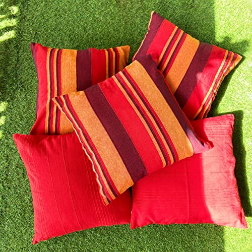 Image of RANGBHAR Handloom Cotton Cushion Covers With Concealed Top Zip, Striped /Solid Cushion Covers For Living Room, 16 X 16 Inch, Red, Pack Of 5, 220 TC