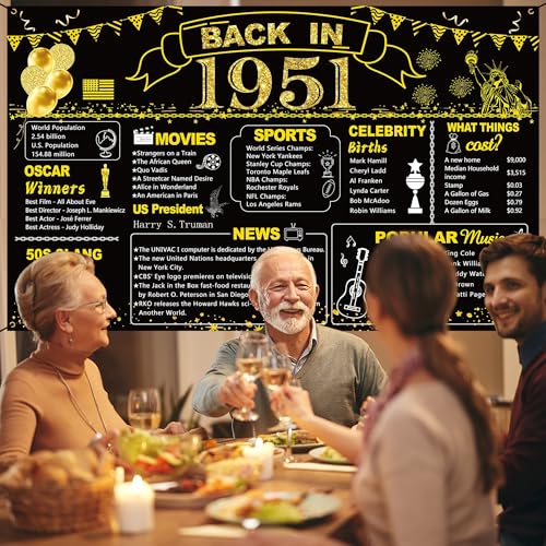 Image of DARUNAXY 75th Birthday Black Gold Party Decoration, Back in 1951 Banner 75 Year Old Birthday Party Poster Supplies Vintage 1951 Backdrop Photography Background for Men & Women 75th Class Reunion Decor