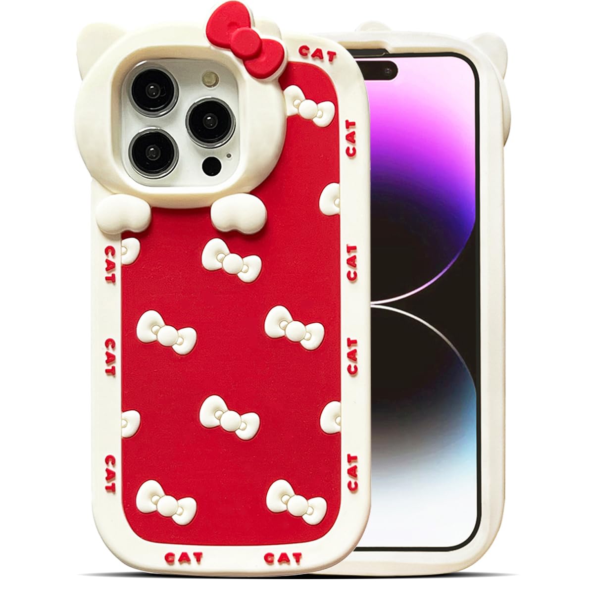 Cute Case for iPhone 13 Pro Max 6.7'', Red Kawaii Funny 3D Bow Cartoon Silicone Cat Phone case, Soft Shockproof Classic Protective Cover for Women