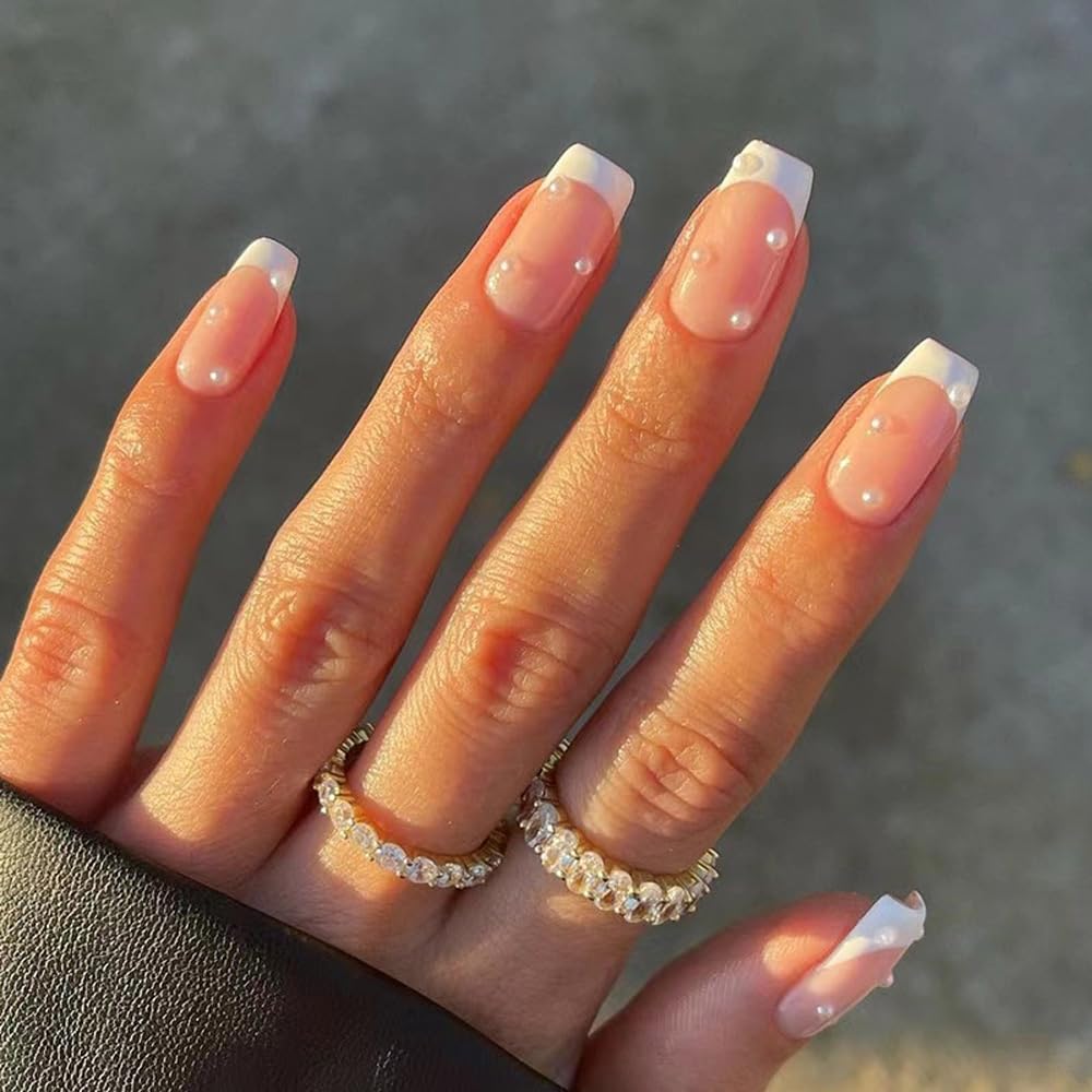 ANDGING French Tip Press on Nails White Coffin Short Medium Fake Nails with Pearl Design fake nails for Women Gel Acrylic False Nails with Glue Full